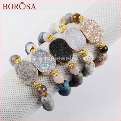 BOROSA New Handcrafted Gold Colors Natural Crystal Drusy Titanium Rainbow Druzy With 10mm Rainbow Titanium Beads Bracelets G1396