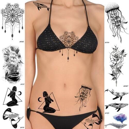 Black Henna Tattoo Flower Galaxy Temporary Triangle Sexy Tattoo Whale Waterproof Black Body Art Arm Fake Jewelry Tatoos Stickers