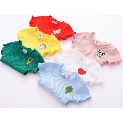 2020New Cotton Kids Baby Short Sleeve Tops Rib Girls T-shirt Toddler Summer Wave Selvedge Clothes Outfit Embroidery Shirt 1-6Y