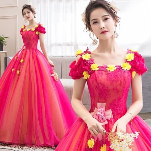 Freeship hot pink flower petals yellow fairy Renaissance long dress ball gown studio/stage/chorus/Victorian dress