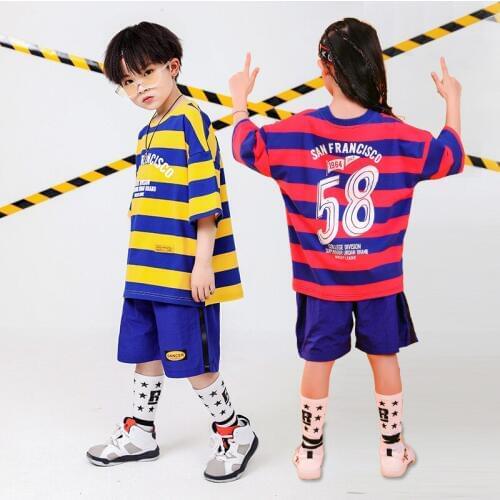 Kids Hip Hop Clothing Running Oversized T Shirt Top Stripe Gym Shorts for Girls Boys Dance Costumes Ballroom Dancing Clothes