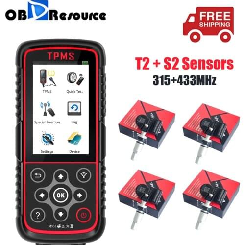 OBDResource T2 TPMS Programming Diagnostic Tool with OBD2 Cable 4Pcs S2 315/433MHz Aluminum Tire Pressure Sensors Code Reader