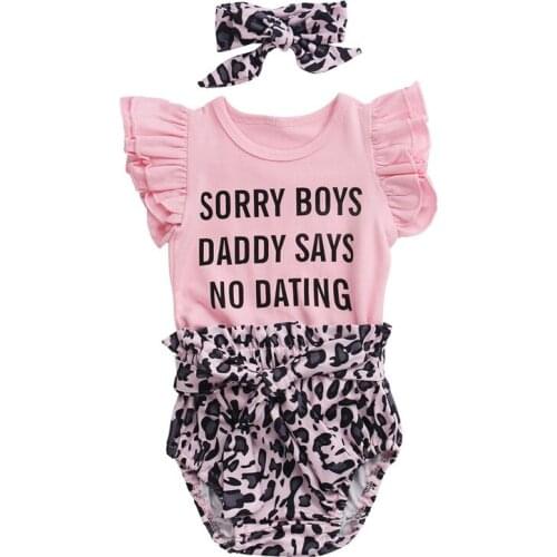 Summer Toddler Girls Clothes Set Fly Short Sleeve Letter Romper Top+Leopard Shorts+Headwear 3PCS Baby Clothing