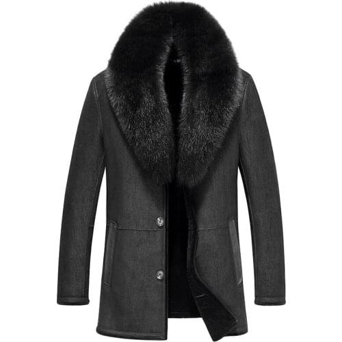Leather Jacket Men Sheep Shearling Fur Coats Real Fox Fur Collar Wool Fur Coat Winter Jacket Jaqueta De Couro 37-1879 YY507