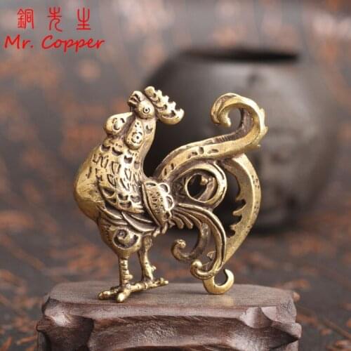 Creative Pure Copper Chinese Zodiac Chicken Small Statue Pendants Ornaments Vintage Brass Key Chains Hanging Antique Home Decor