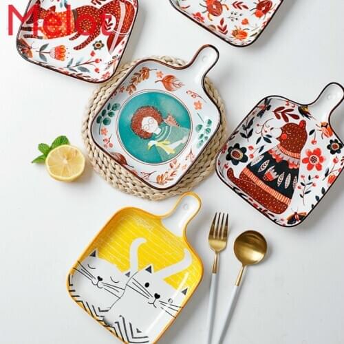 Cute Rectangular Plate Bakeware Creative Personal Home with Handle Breakfast Plate ceramic plate set Free Shipping