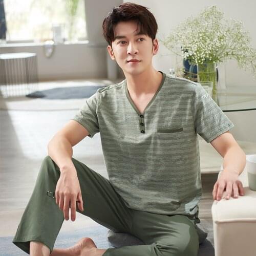 Men Pajama Stretch Cotton Striped V-neck Sleepwear Men Summer Home Clothes Plus Size M-3XL High Quality Young Male Homewear Set