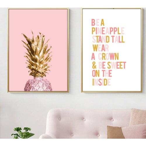 Bird Pink Golden Pineapple Wall Art Canvas Painting Quotes Nordic Posters And Prints Fruit Wall pictures For Living Room Decor