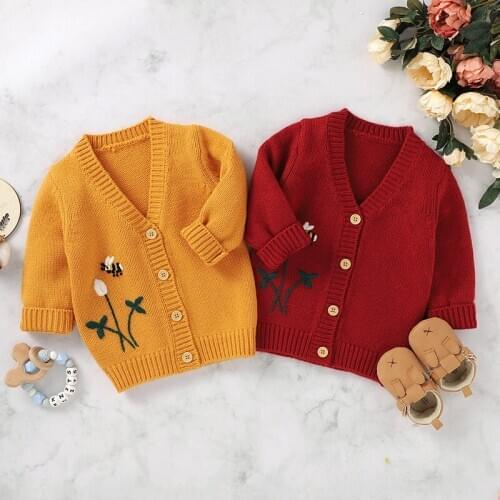 2020 New Baby Girls Sweaters Coats Fall Winter Newborn Baby Clothes Long Sleeve Floral Knitted Tops Casual V Neck Baby Sweaters