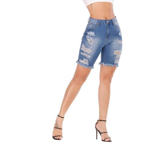 2021 New Weigou Women Zip Skinny High Waisted Denim Shorts Knee Length Stretch Short Jeans Female