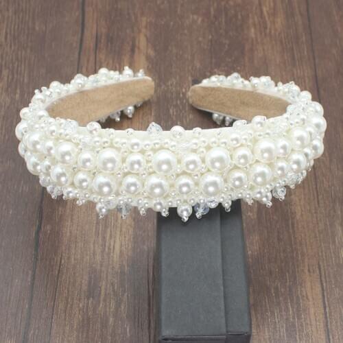 New White Luxury Handmade Shining Full Small Pearl Crystal Beaded Flower Catwalk Headband For Women Temperament Hair Accessories