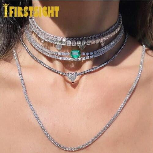 2021 New Iced Out Bling 3mm Thin Tennis Chain Rainbow Colorful Red Green Blue White CZ Heart Gold Color Girl Choker Necklace