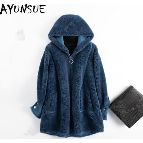 AYUNSUE Sheep Shearling Real Fur Coat Female Wool Coats Winter Jacket Women Hooded Long Jackets for Women Suede Lining MY4188