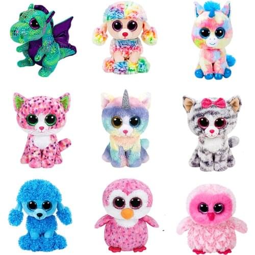 Genuine Ty Beanie Big Eyed Soft Stuffed Animal Plush Dolls Toy Unicorn Cat Heather Gray Cat Kiki Girls Birthday Gift Toy 15cm