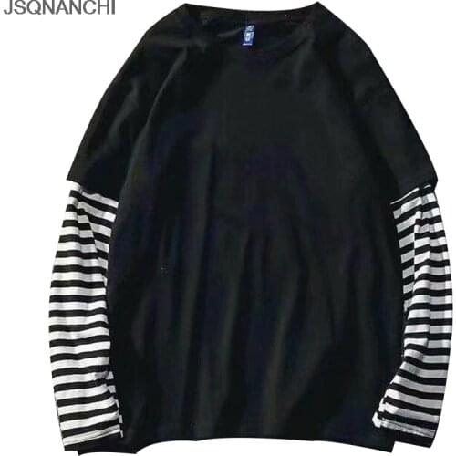 Long Round Neck Sleeve Fake Two-piece T Shirt Striped Big Shirts Men Clothing Men Fashion New Tees Clothes Tees Tops Shirt