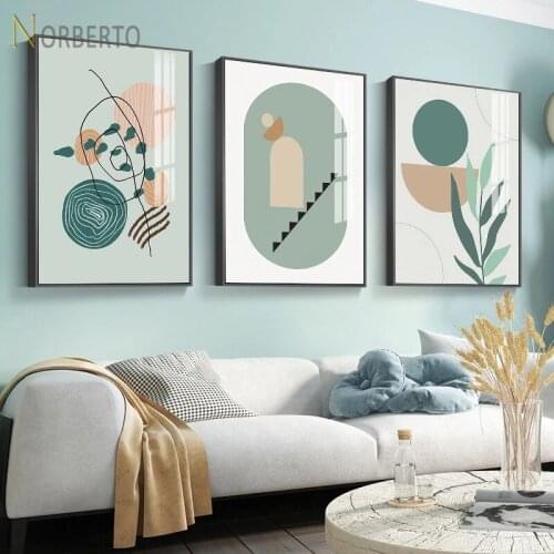 Nordic Art Canvas Painting Poster Print Minimalist Morandi Color Abstract Geometric Lines Plants for Home Rooms Wall Decoration