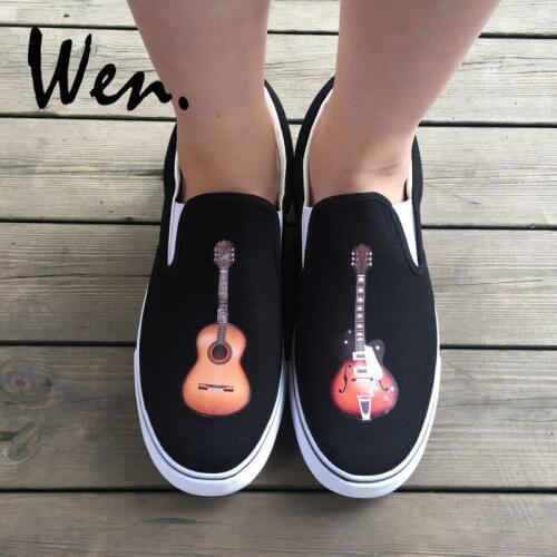 Wen Original Slip On Canvas Shoes Design Musical Instrument Acoustic Guitar Mens Womens Athletic Sneakers Plimsolls for Gifts