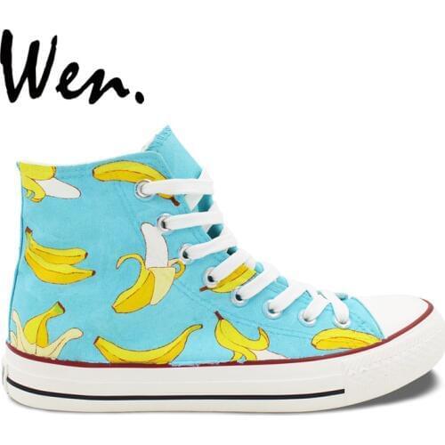 Wen Custom Original Design Bananas Fruit Pattern Hand Painted Light Cyan Shoes High Top Canvas Sneakers Special Birthday Gifts
