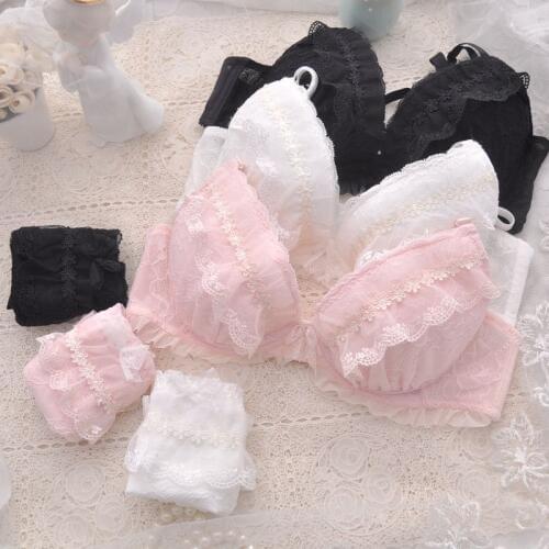 Japanese Milk Silk Bra & Panties Set Sweet Small Fresh Deep V-Neck Soft Sister Underwear Embroidery Intimates Set Kawaii Lolita