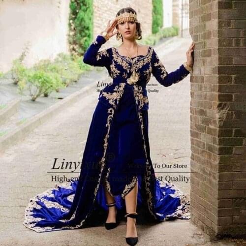 Royal Blue Algerian Caftan Evening Dress Morocco Velvet Full Sleeve robes de soirée Appliqued Lace Outfit Long Prom Dresses