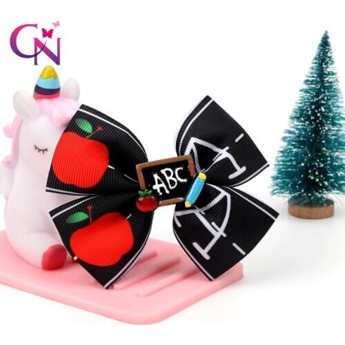 CN 6 Pcs/lots 3.5" Boutique Back To School Hair Bows For Girls Kids Apple Printed Ribbon Hair Clips Student Hair Accessories