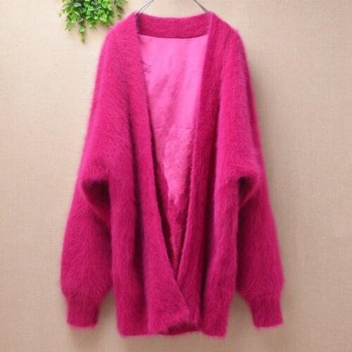 Ladies women fashion pull rose hairy mink cashmere knitted long batwing sleeves loose cardigans angora fur jacket coat sweater