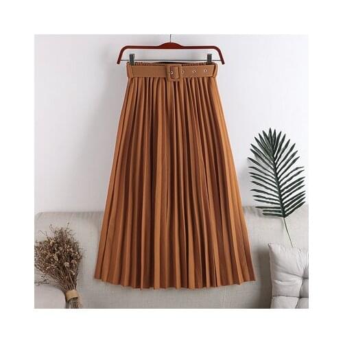 Korean Style Autumn Winter Women High Waist Pleated Skirt Female Elegant Elastic Waist Mid-Length Skirt With Belt