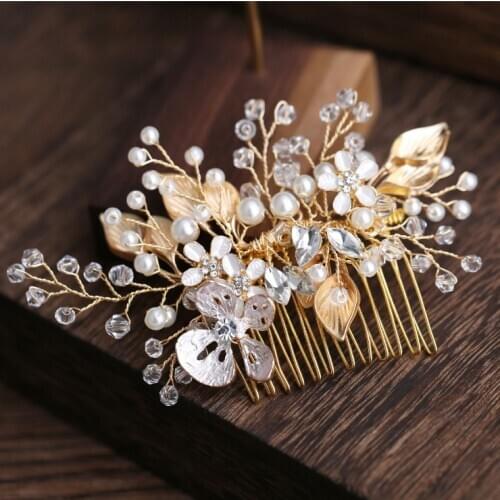 Butterfly Crystal Bridesmaid Headdress Pearl Bridal Hair Comb Clip Hairpin Flower Bride Head Piece For Women Wedding Accessories