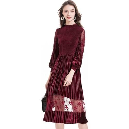 Plus Size Dress Women Autumn 2019 Solid Color Miyake Pleated Stand Collar Mesh Sleeves Velvet Dress Midi Boutique Party Dress