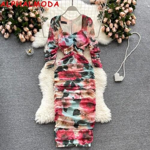 ALPHALMODA 2021 New Summer Dress Pleated Half Sleeve Slim Elegant Printed Floral Dress Women Elegant Straight Gauze Dress