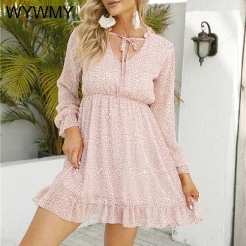WYWMY Women Fashion Print Ruffle Mini Chiffon Dress Summer Vintage Front Bow Tied V Neck A-Line Elegant Female Dresses Vestidos