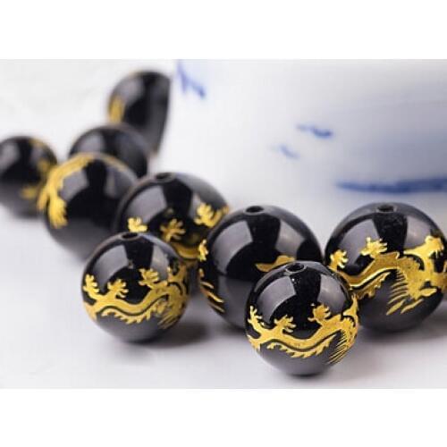 1 String 8/10/12MM Glass Beads Black Color With Gold Dragon Carved Beads For DIY Jewelry Components Making Bracelets Accessories