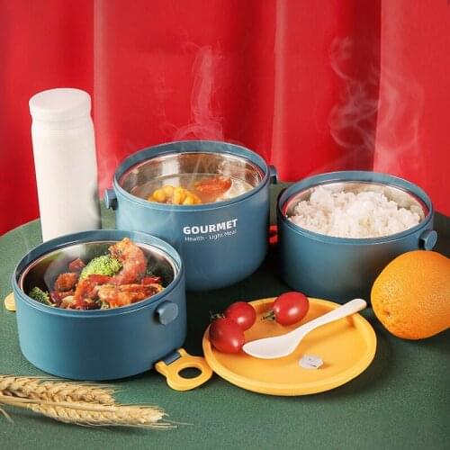 3 layers 304 stainless steel round insulated lunch box plastic student lunch box multi-layer heatable lunch box portable hot