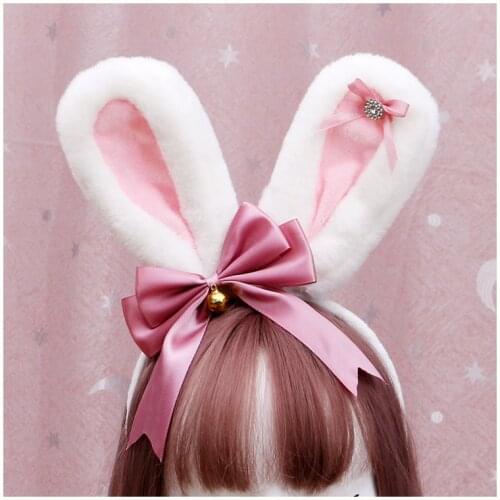 Japanese Cute Lolita Sexy Cosplay Accessories Diamond Bow Plush Kawaii Bunny Ears Hair Hoops Lady Lovely Kitten Headband