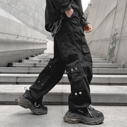 Punk rock metal pants men Pockets Loose Black color Straight High street style Autumn Spring