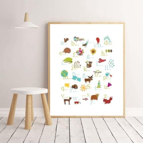 Spanish Animal Alphabet Prints Nature Themed Educational Poster Learning Letters Abc Nursery Wall Art Canvas Painting Decor