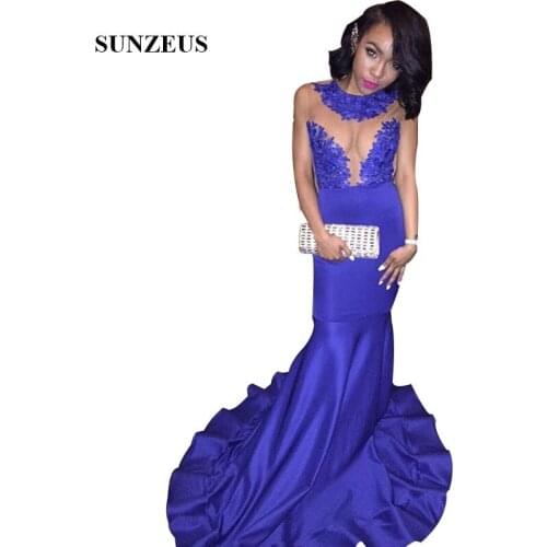 Royal Blue Mermaid Prom Dress Sleeveless Tank Appliques Sheer Top Long Party Gowns vestido formatura longo de noite