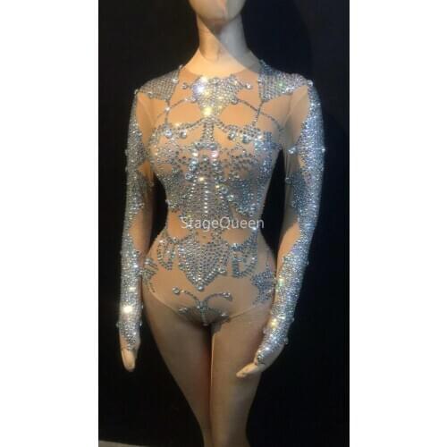 DS DJ Bodysuit Flashing Silver Rhinestones Bodysuit Women Birthday Celebrate Outfit Stage Evening Bar Singer Dancer Show Outfit
