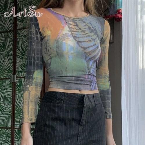 ArtSu Long Sleeve T-shirt Y2K Fashion Streetwear O Neck Bodycon Crop Top Harajuku Vintage Autumn Basic Casual Tee Shirt Women