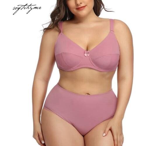 Softrhyme Plus Size Comfortable Underwear Set Full Cup Thin Brassiere Underwire Bralettes Seamless Panties Lingerie Set Bra Set