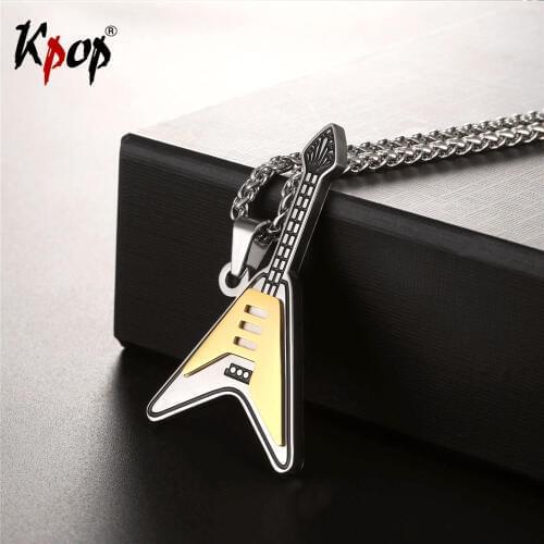 Kpop Electric Guitar Necklace Gold Color Stainless Steel Wholesale Trendy Musical Instruments Necklaces & Pendants P2534