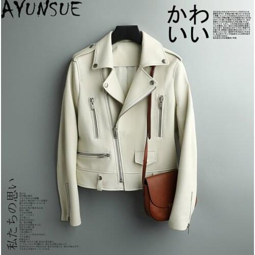 AYUNSUE White Genuine Leather Jacket Women Short Womens Sheepskin Coat Motorcycle Clothes Spring Autumn 2020 Femme Veste LW4741