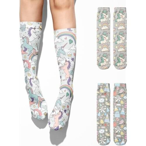 Cute Kawaii Unicorn Rainbow Women Socks Thigh High Casual Funny Compression Socks Cartoon Flowers Girl Harajuku Cotton Socks