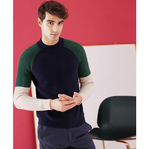 ZHILI 2018 New Autumn Winter Crew Neck Stitching Color Cashmere Sweater