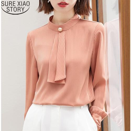 2021 Spring New Bow Tie Blouse Stand Collar Shirt Women Long Sleeve Shirt Office Lady Elegant Blouses Clothes Blusas Mujer 16580