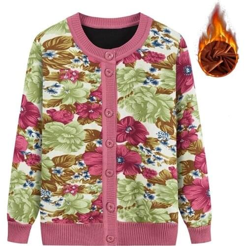 Plush Thick Warm Jacket Women Sweater Middle-aged Mom Wear O-Neck Top Single Breasted Knit Sweater Ladies Jacket Casual Sweater