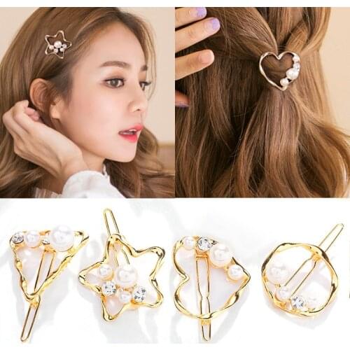 Popular Korea Fashion Pearl Hair Clip Snap Barrettes Women Girl Handmade Star Heart Metal Hairpins Ponytail Hair Accessories