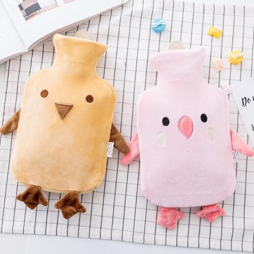 PVC Hot Water Bottle with Cute Cartoon Bird Plush Cover 1000ml Explosion-proof Portable Hand Warmer Water Injection Storage Bag