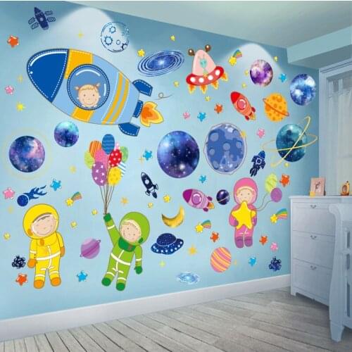 [SHIJUEHEZI] Outer Space Planets Wall Stickers DIY Cartoon Rockets Astronauts Wall Decals for Kids Rooms Baby Bedroom Decoration