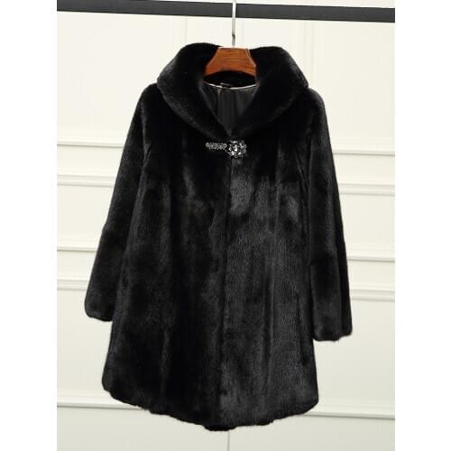 Black mink coat womens long hooded 2019 new mink fur coat large size was thin MD7248